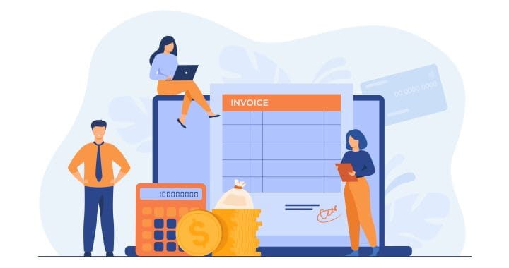 Tiny people preparing invoice on computer