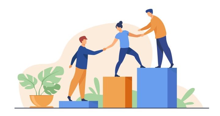 Employees giving hands and helping colleagues to walk upstairs