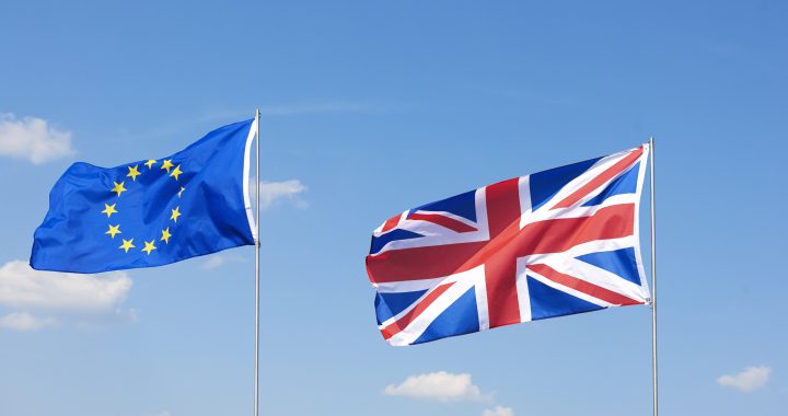 Shot of brexit flags waving outside