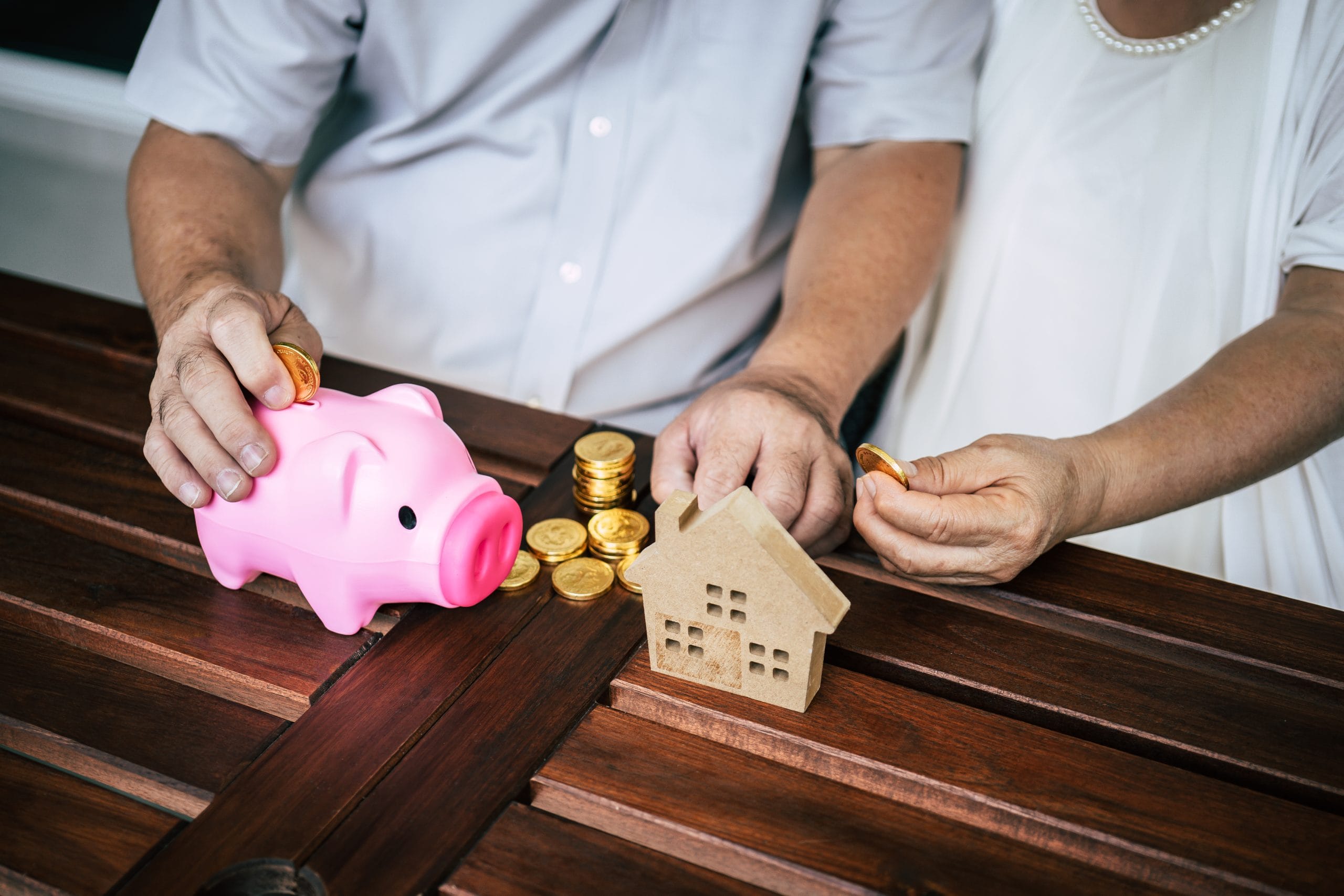 Elderly Couples talking about finance with piggy bank Elderly Couples talking about finance with piggy bank
